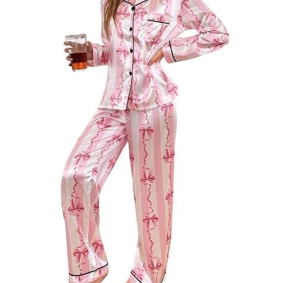 Satin Pajama Set Elegant Minimal Chic Lounge Sleepwear Button Down Top
